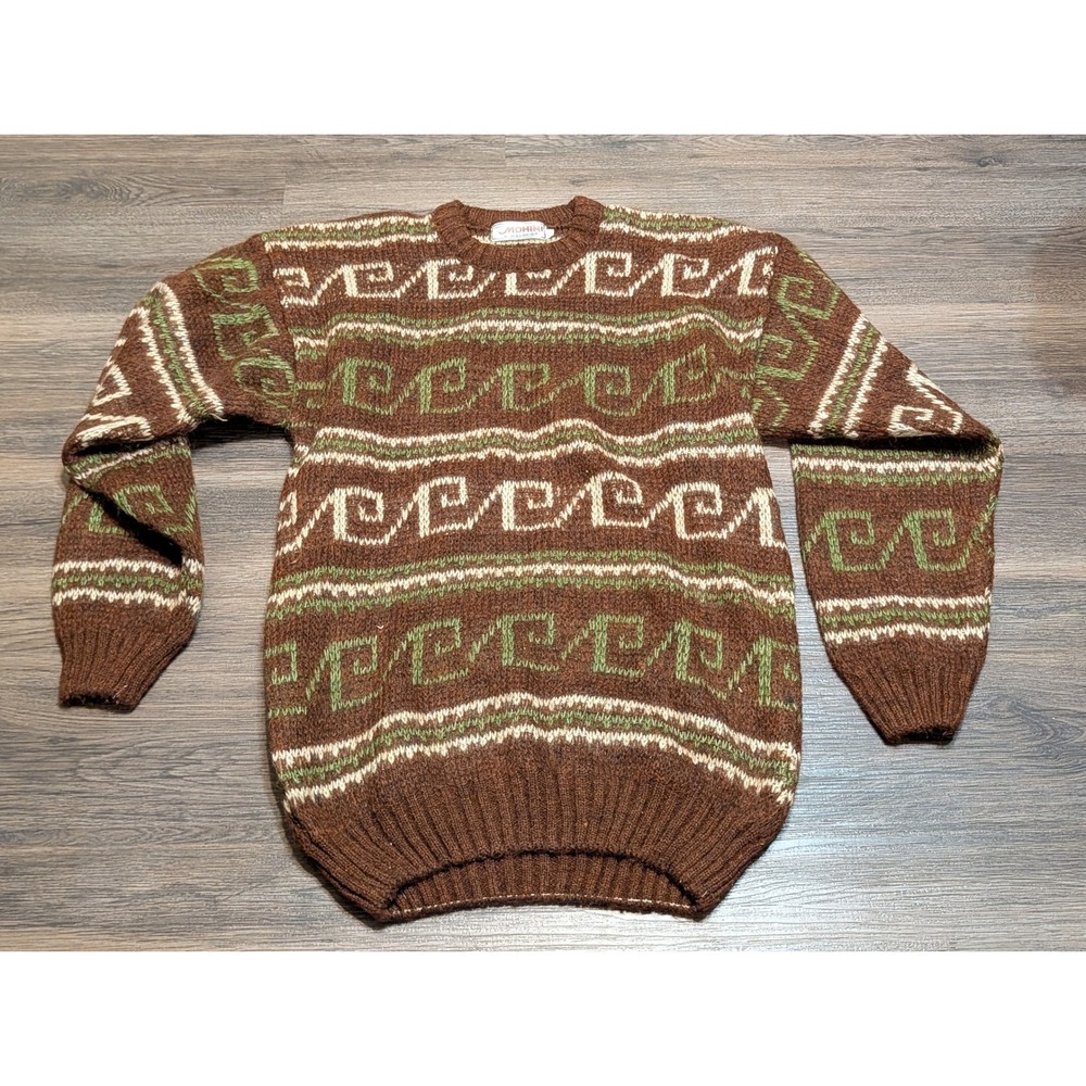 Super Mohini by Haloura Chunky Knit Sweater Mens 42 Brown Green Greek Wave Boho